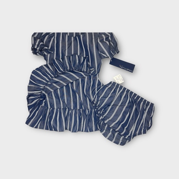 Habitual Striped Ruffled Mock Wrap Blue Dress - Picture 6 of 6